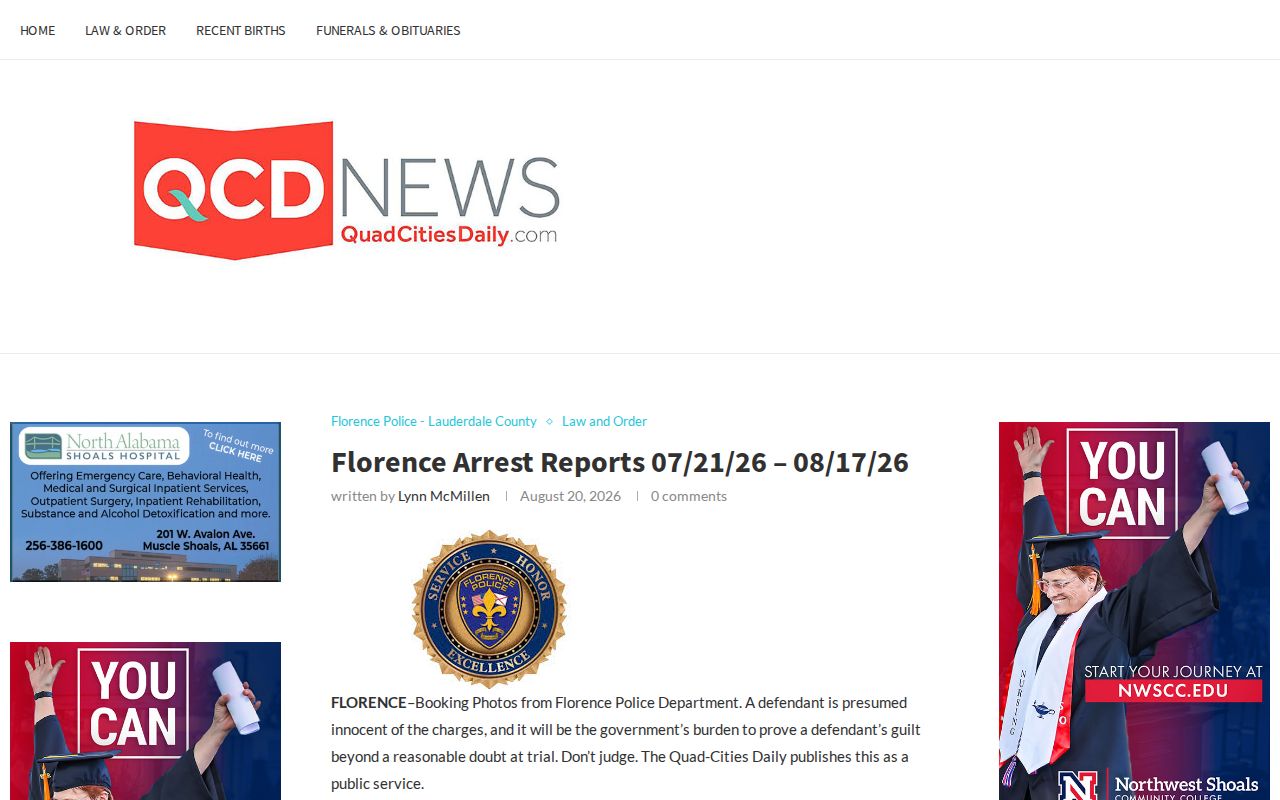 Multi-day Florence Police arrest report published by Quad Cities Daily