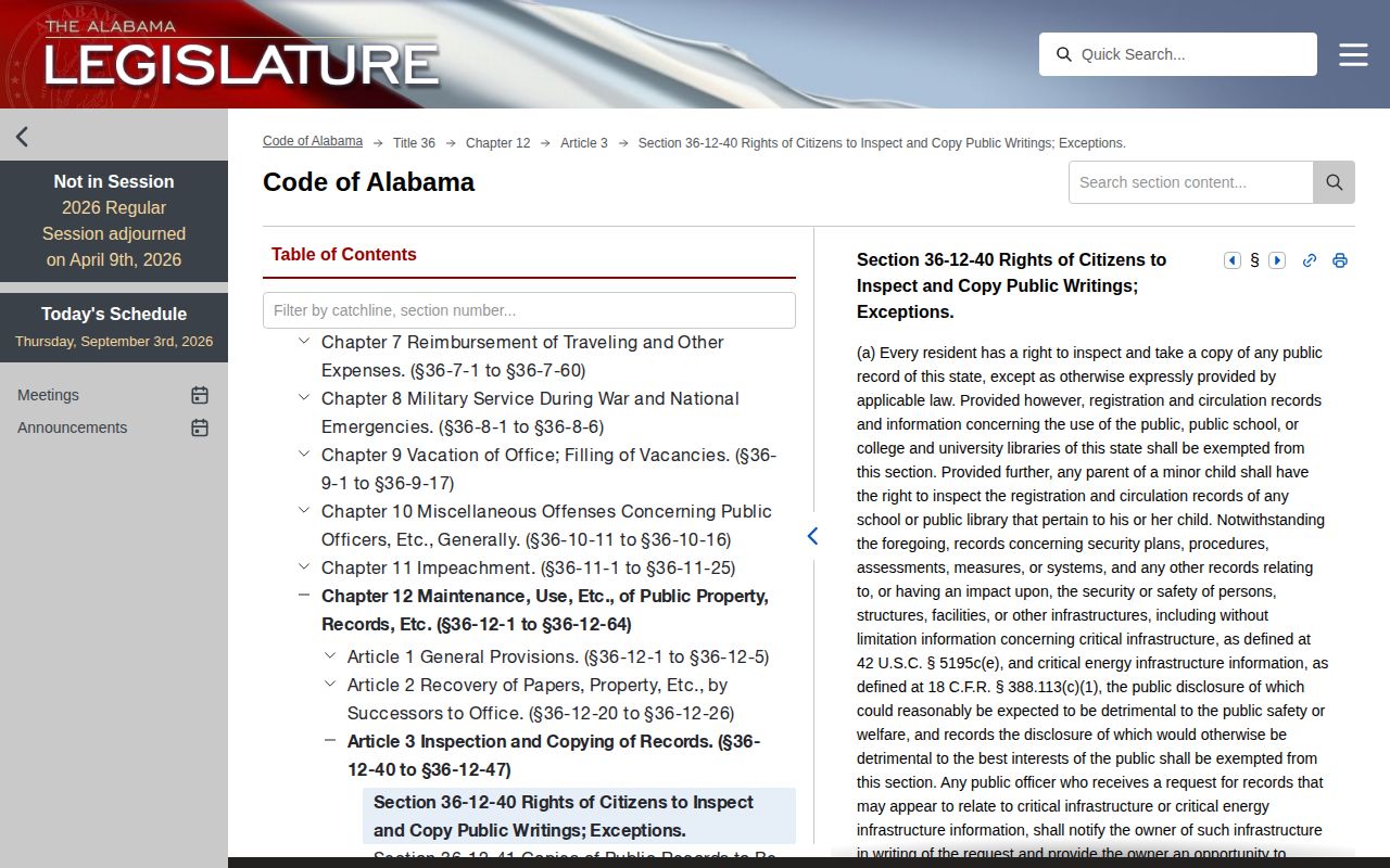 Official Alabama public-records access statute page
