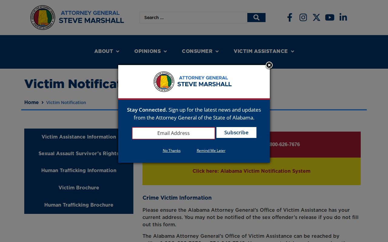 Alabama Attorney General victim-notification information and registration route