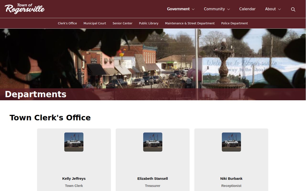 Official Rogersville departments page listing the police department